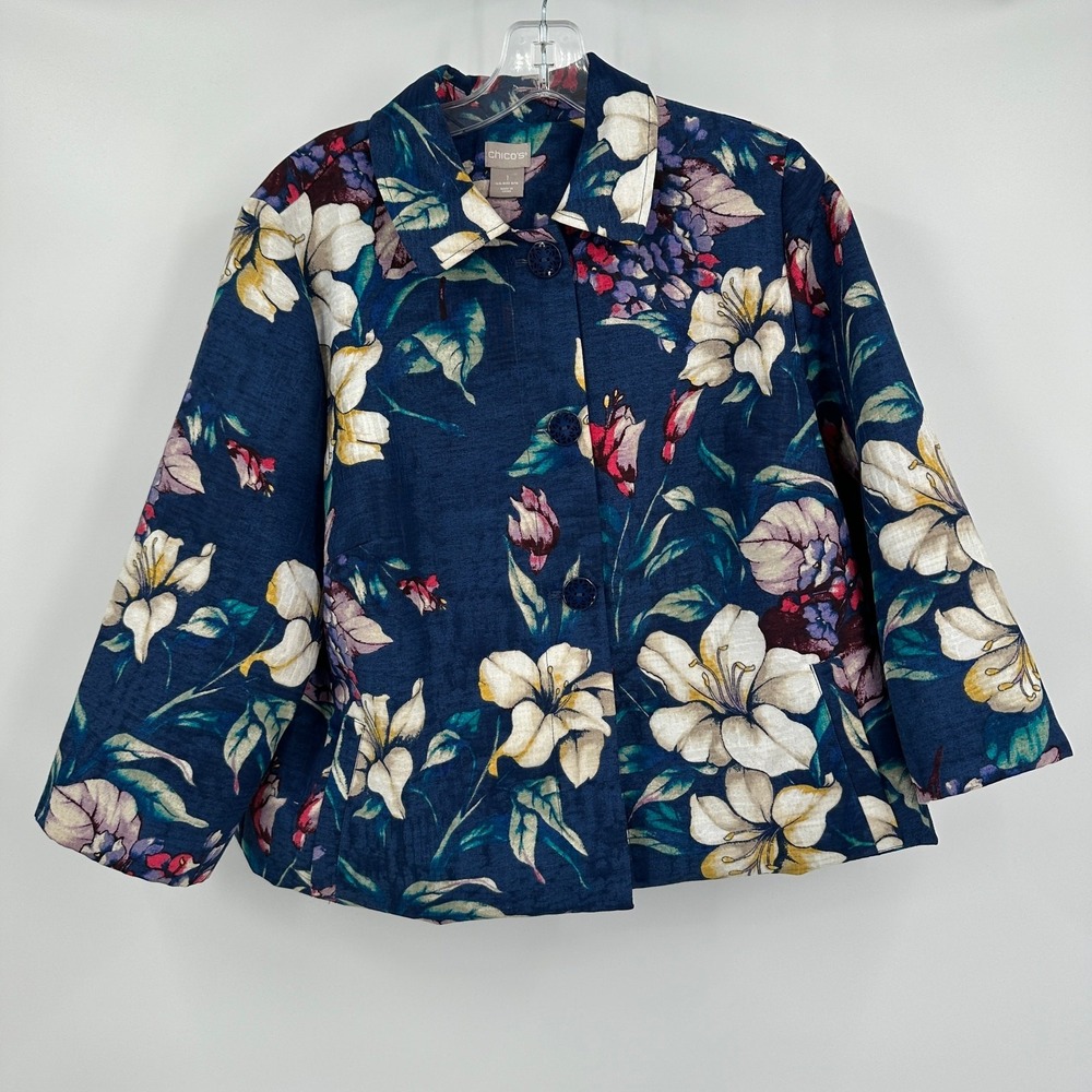 Chicos Womens Cottagecore Floral Jacket Size 1 US M Botanical Garden Party Artsy